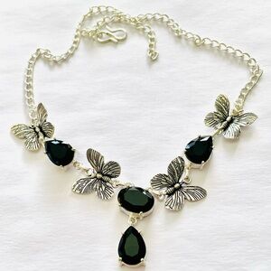 Black Agate Gemstone Silver Butterfly Necklace Pendant